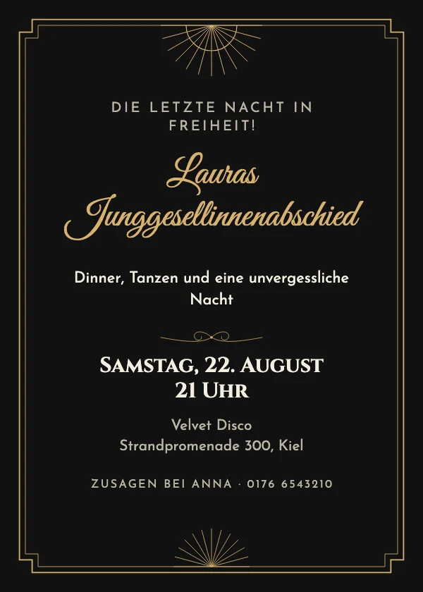 JGA-Einladung Schwarz-Gold Deko