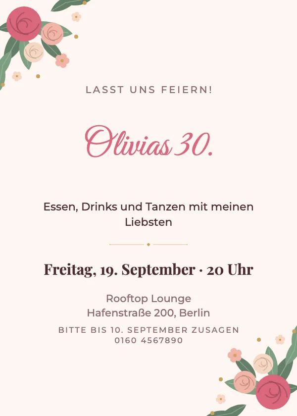 Geburtstagseinladung Rosé-Blumen