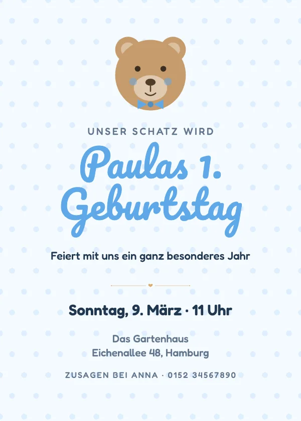 Geburtstagseinladung Teddy zum 1. Geburtstag
