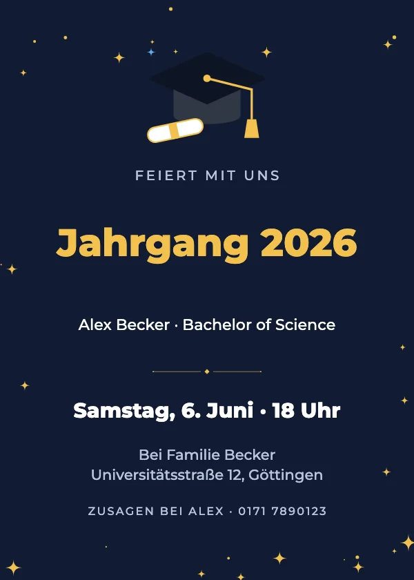 Einladung zur Abschlussfeier Doktorhut Navy & Gold