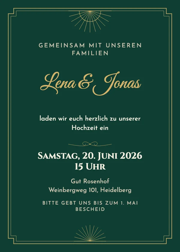 Hochzeitseinladung Smaragd Art déco
