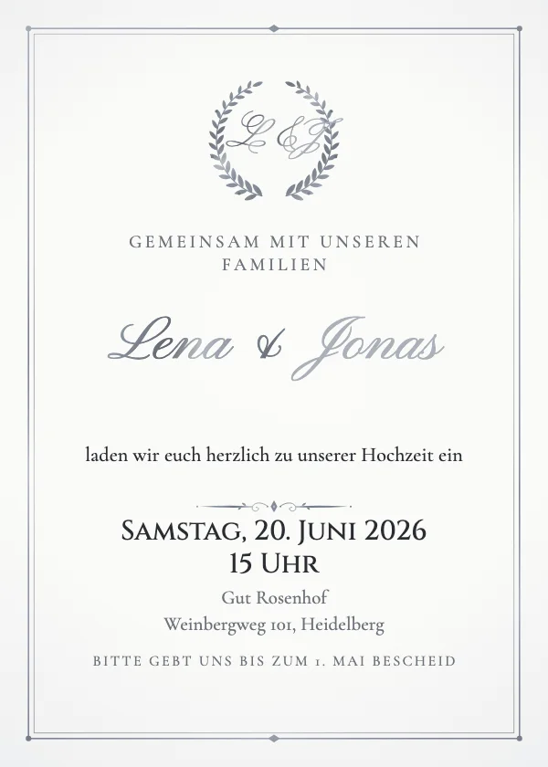 Hochzeitseinladung Lorbeer-Monogramm
