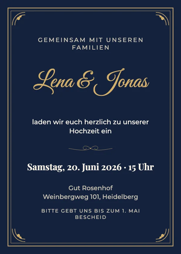 Hochzeitseinladung Navy & Gold