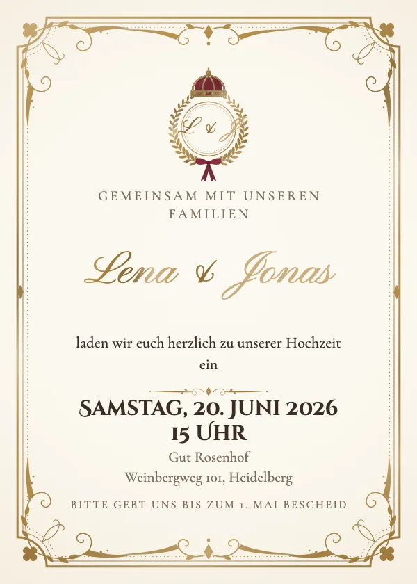 Hochzeitseinladung Königliches Wappen