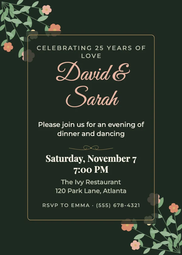 Dark Botanical Anniversary Invitation