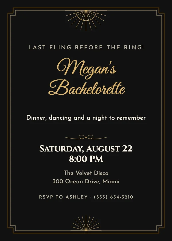 Black & Gold Deco Bachelorette Party Invitation