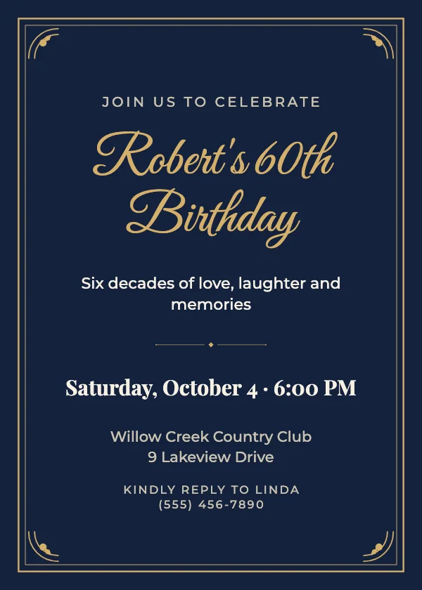 Navy & Gold Frame Birthday Invitation