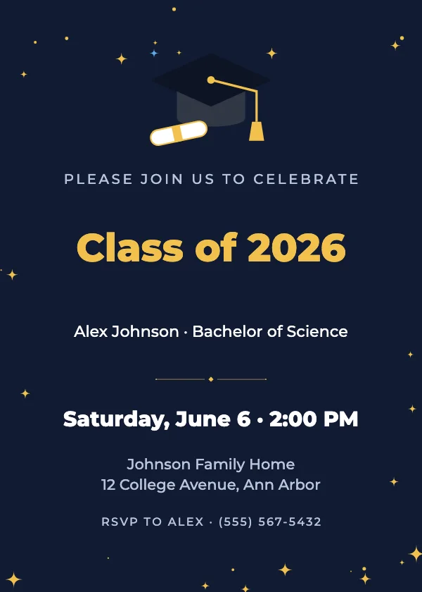 Navy & Gold Cap Graduation Invitation