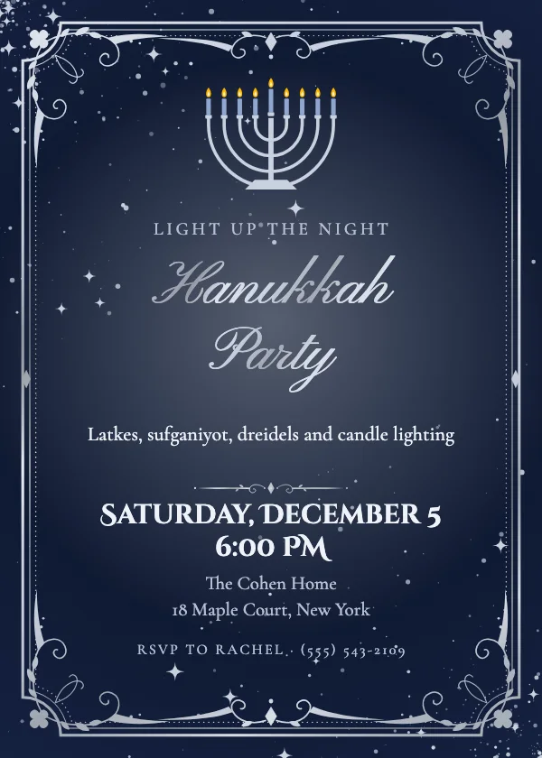 Silver Menorah Hanukkah Party Invitation