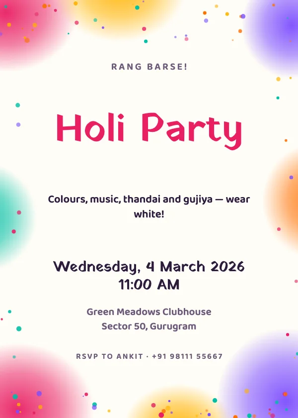 Colour Splash Holi Party Invitation