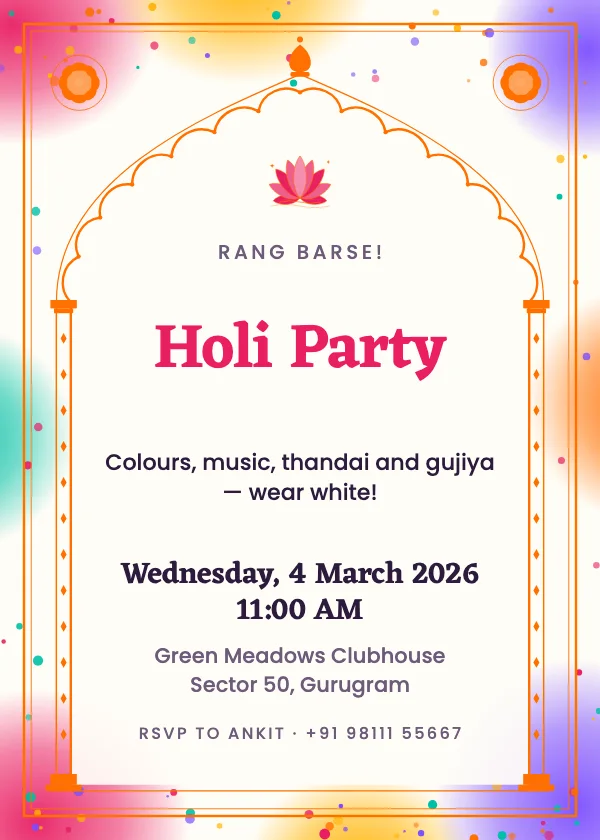 Royal Gulal Holi Party Invitation