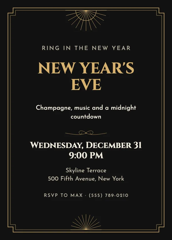 Gold Art Deco New Year’s Eve Invitation
