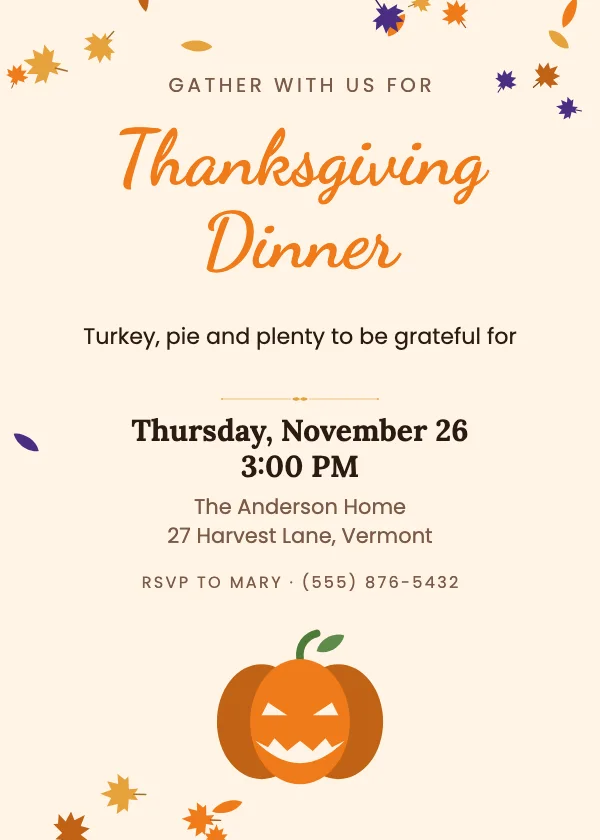 Pumpkin Harvest Thanksgiving Invitation