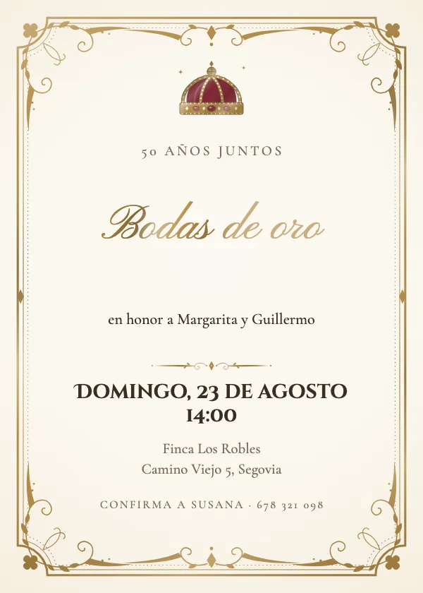 Invitación de aniversario Corona dorada