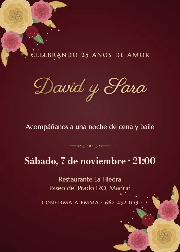 Invitación de aniversario Rosas de terciopelo