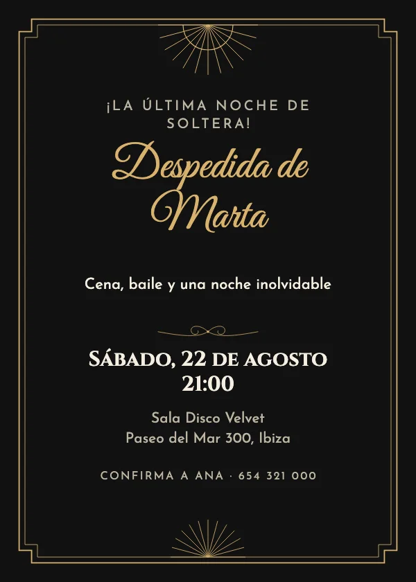 Invitación de Despedida de Soltera Negro y dorado déco