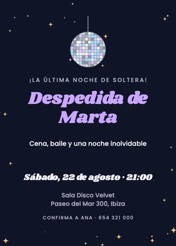 Invitación de Despedida de Soltera Bola de discoteca