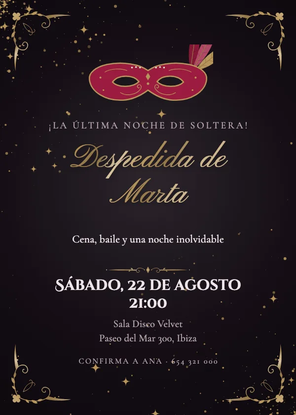 Invitación de Despedida de Soltera Mascarada