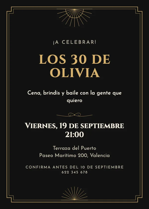 Invitación de cumpleaños Negro y dorado déco