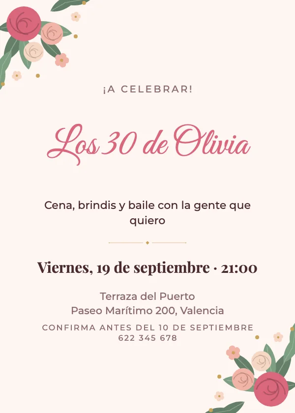 Invitación de cumpleaños Flores rosa empolvado