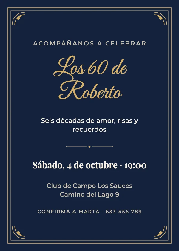 Invitación de cumpleaños Marco azul y dorado