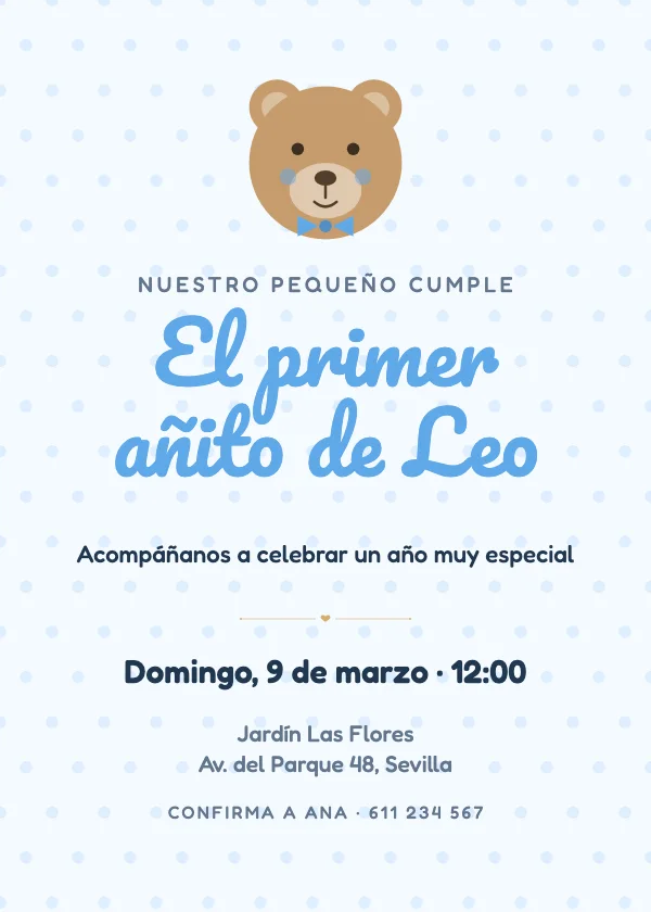 Invitación de cumpleaños Osito primer año