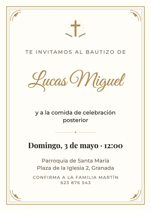 Invitación de bautizo Cruz dorada