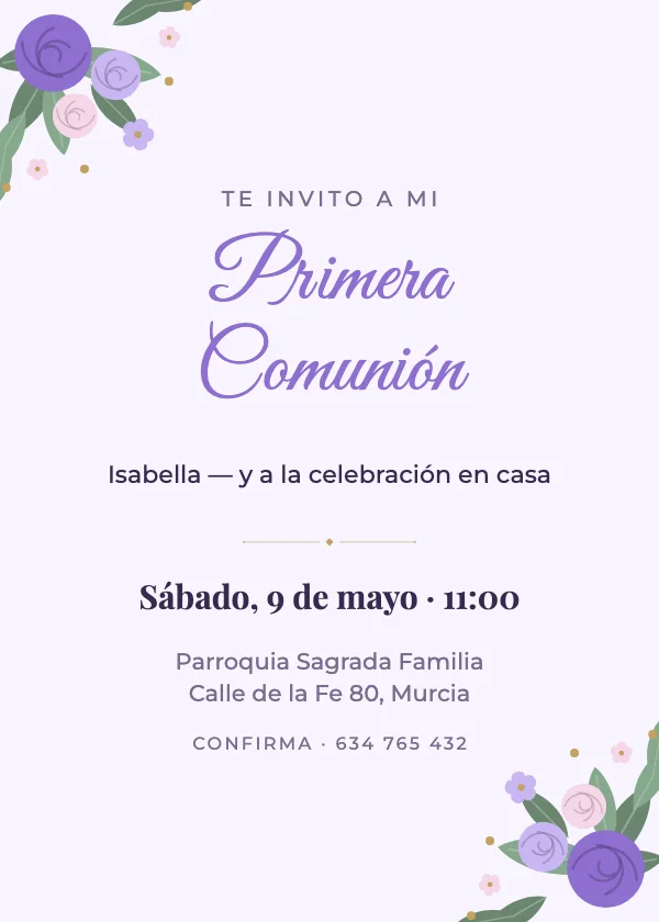 Invitación de bautizo Comunión lavanda