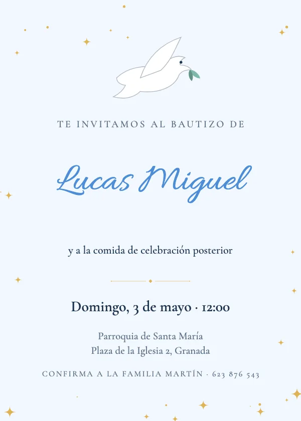 Invitación de bautizo Paloma de la paz