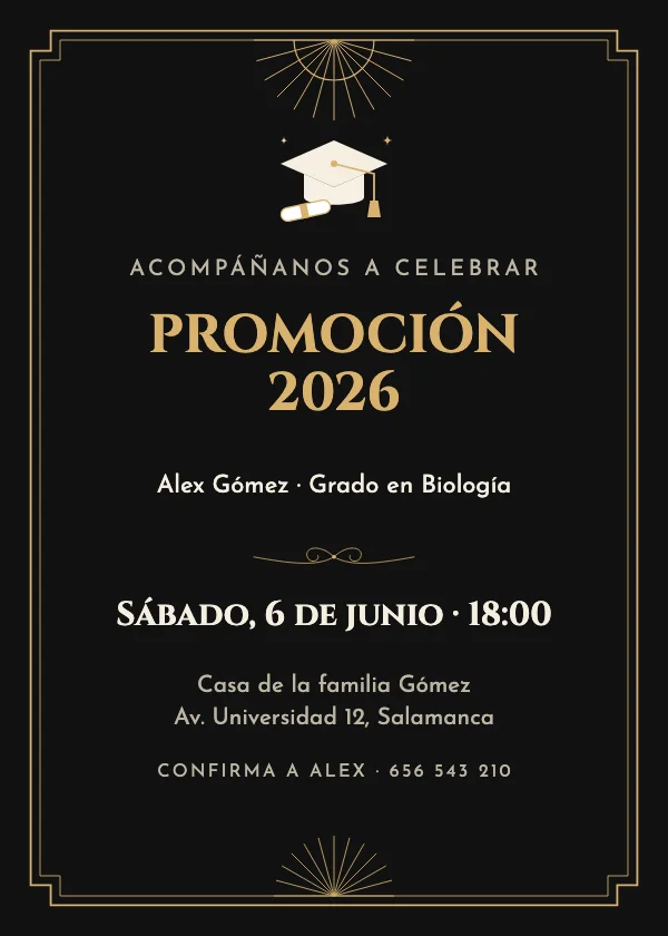Invitación de graduación Negro y dorado