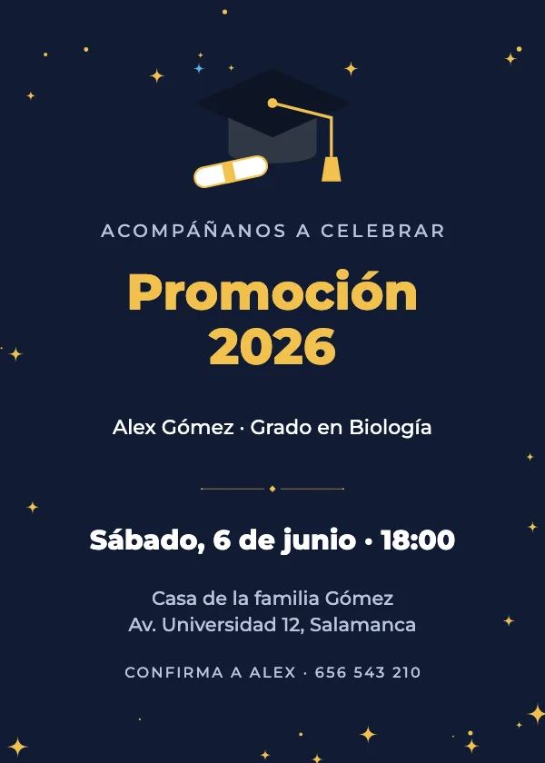 Invitación de graduación Birrete azul y dorado
