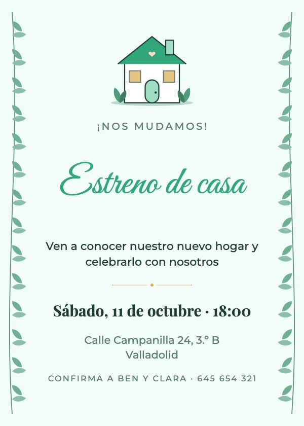 Invitación de inauguración de casa Hojas verdes