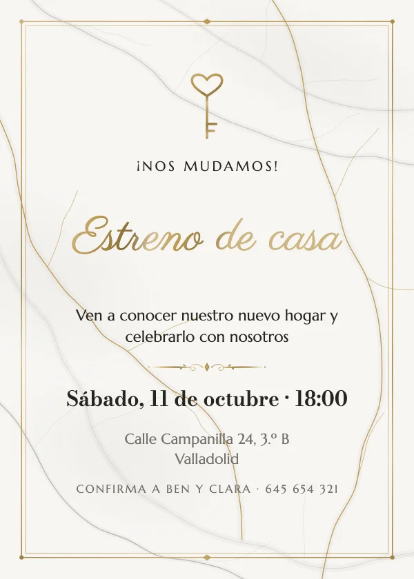 Invitación de inauguración de casa Mármol y oro
