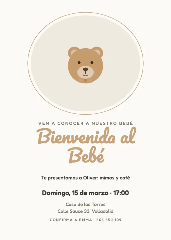 Invitación de Bienvenida al Bebé Osito en óvalo