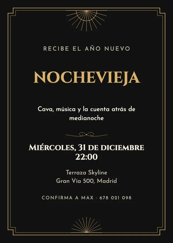 Invitación de Nochevieja Art déco dorado