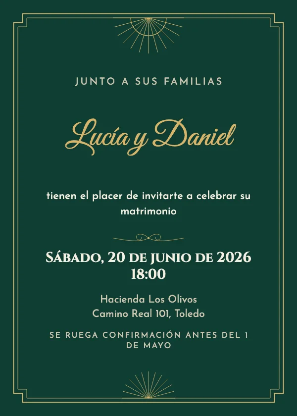 Invitación de boda Art déco esmeralda
