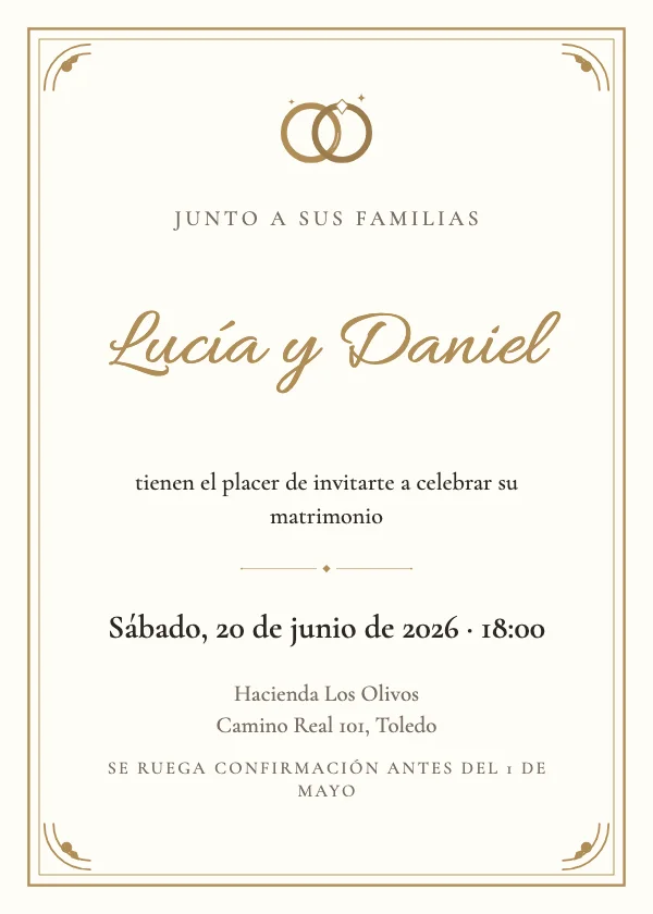 Invitación de boda Marco marfil y dorado