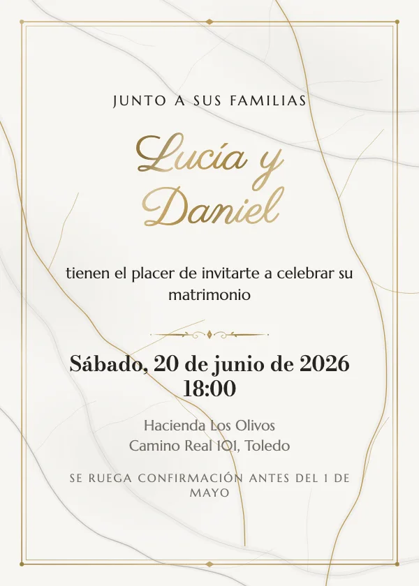 Invitación de boda Mármol y oro