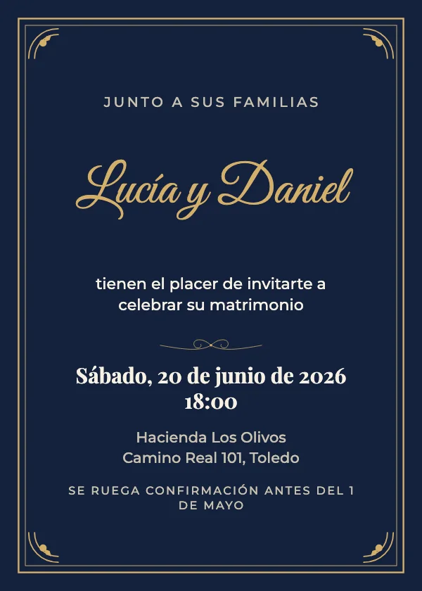 Invitación de boda Azul marino y dorado