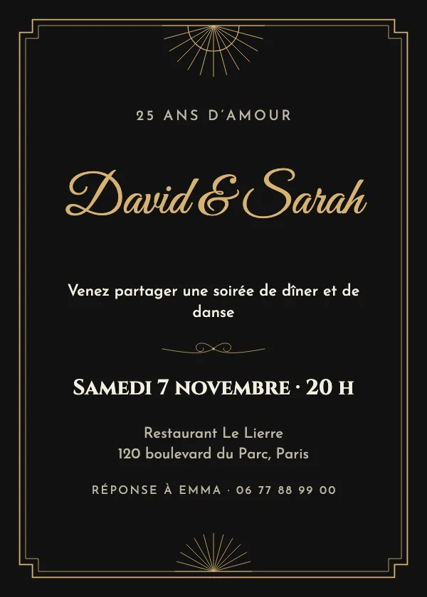 Invitation anniversaire de mariage Art déco