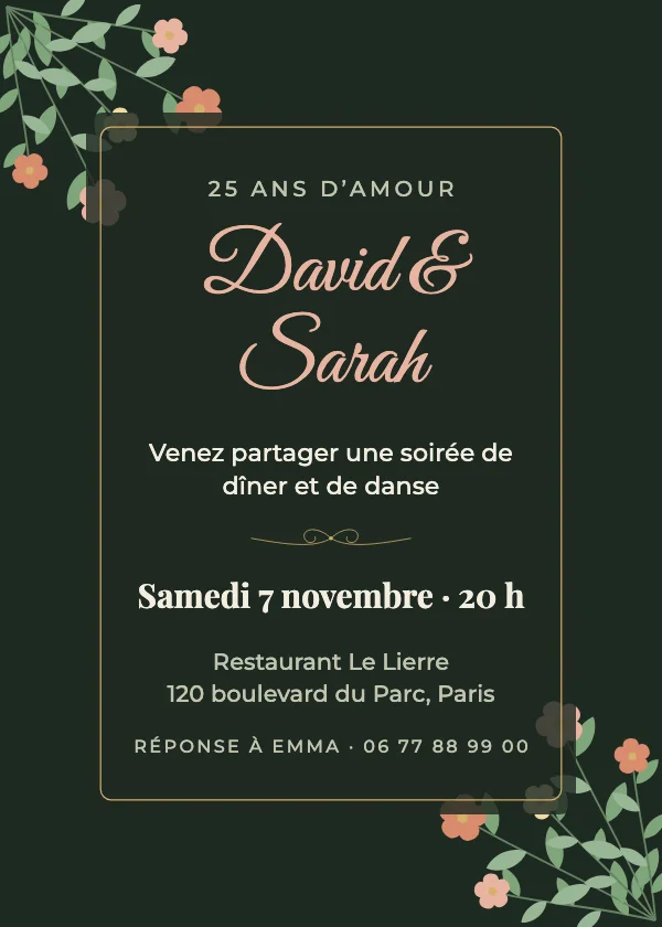 Invitation anniversaire de mariage Botanique sombre