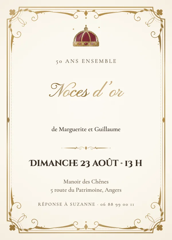 Invitation anniversaire de mariage Couronne dorée