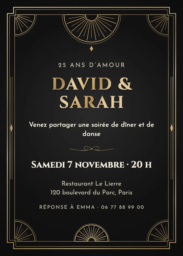 Invitation anniversaire de mariage Grand Art déco