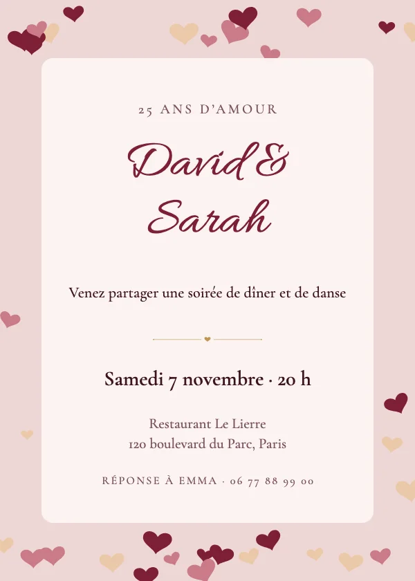 Invitation anniversaire de mariage Cœurs