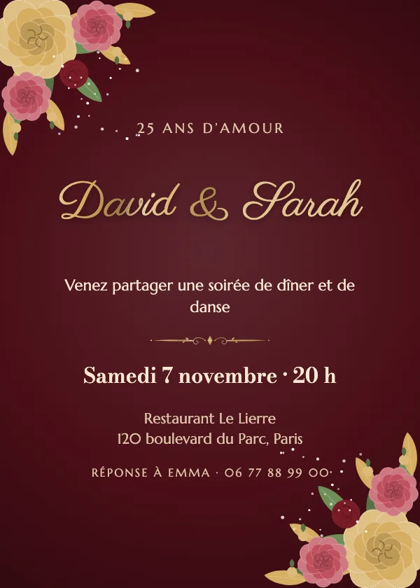 Invitation anniversaire de mariage Roses de velours
