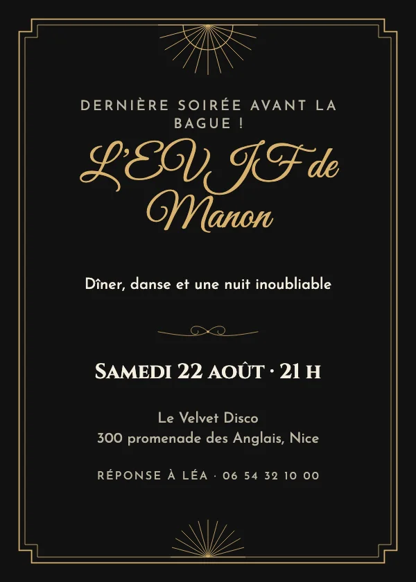 Invitation EVJF Noir et or déco