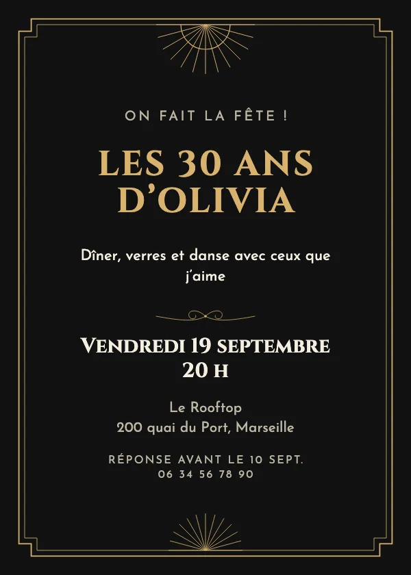 Invitation anniversaire Noir et or déco