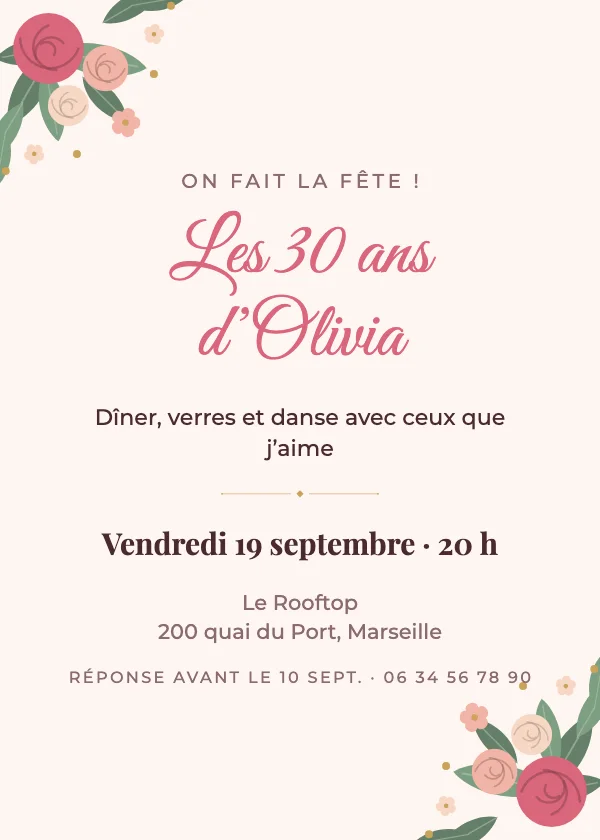 Invitation anniversaire Fleurs poudrées