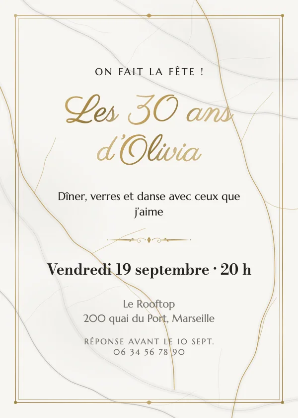Invitation anniversaire Marbre et or
