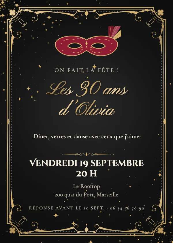 Invitation anniversaire Bal masqué